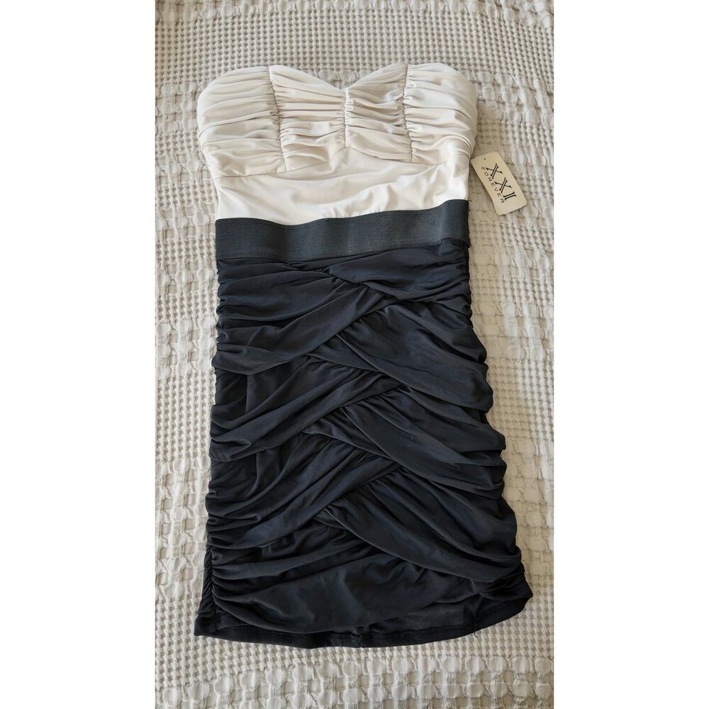 XXI Forever 21 Black Ivory Strapless Ruched Mini Dress Small NWT Y2K Style
